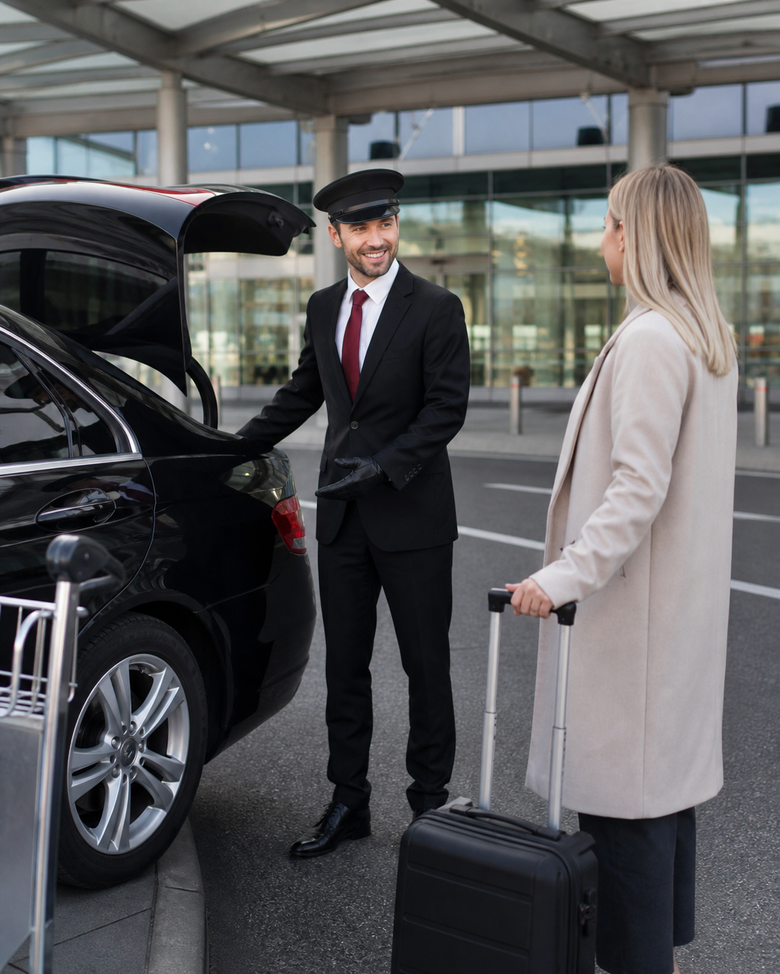 Fastaxi chauffeur assisting passenger with airport luggage